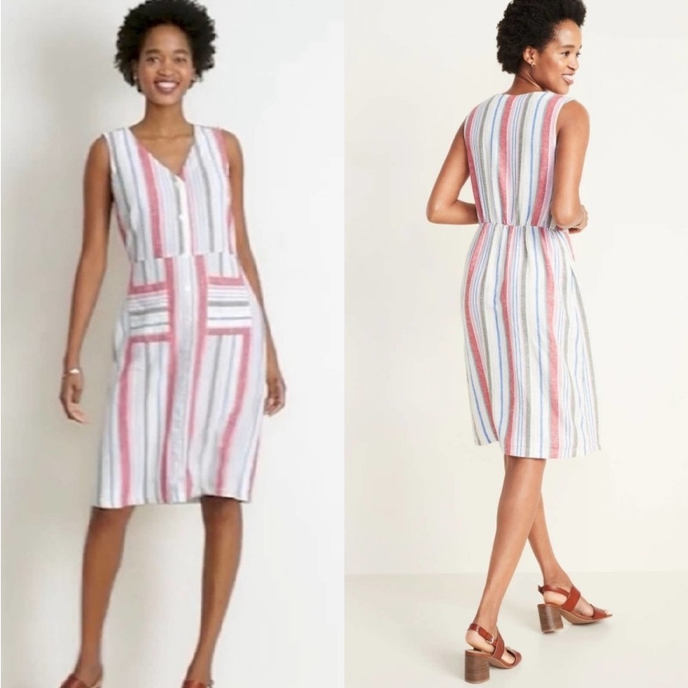 NWT Old Navy Linen Blend button Dress Pockets preppy coastal button front S